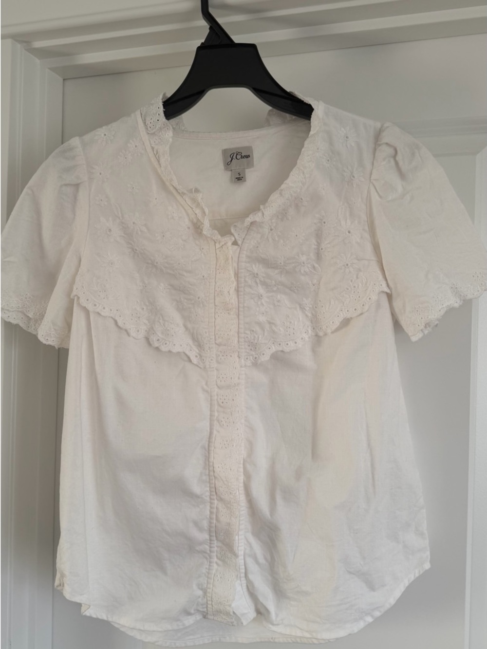J. Crew Cream Eyelet Collar Short Sleeve Button Front Blouse